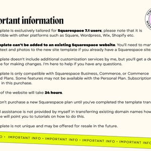 May include: Important information about a Squarespace website template. This template is exclusively tailored for Squarespace 7.1 users and is incompatible with other platforms such as Square, Wordpress, Wix, Shopify etc. The template cannot be added to an existing Squarespace website. Transfer of the website will take 24 hours. This template is only compatible with Squarespace Business, Commerce, or Commerce Advanced Plans. Some features may not be available with the Personal Plan. Subscription is not included in this purchase.