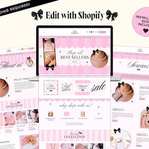 Pode incluir: Um design de modelo de site com um esquema de cores rosa e branco e detalhes de la&ccedil;os pretos. O layout inclui se&ccedil;&otilde;es para Sobre n&oacute;s, Servi&ccedil;os e Cole&ccedil;&otilde;es, com o texto Edit with Shopify e Installation Guide Included.