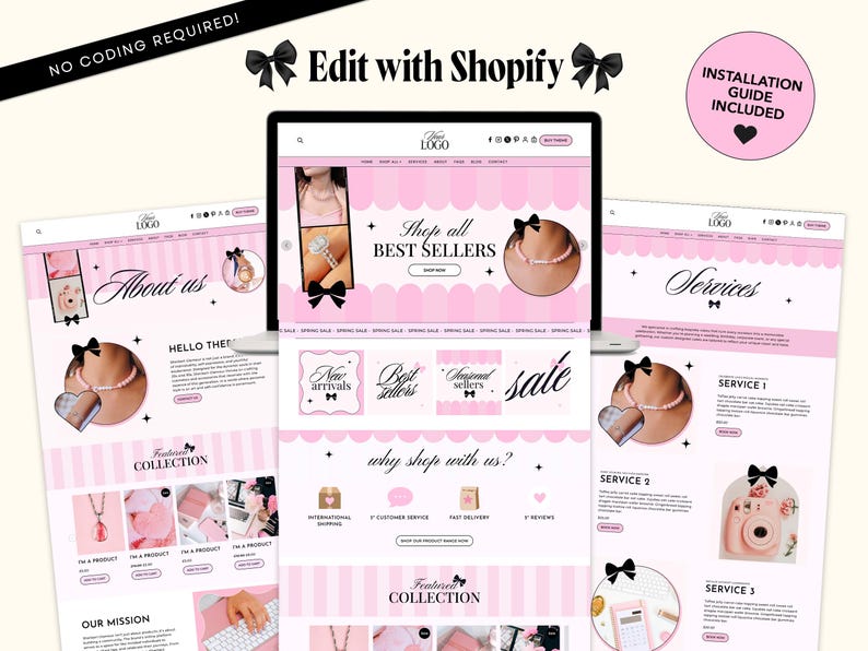 Pode incluir: Um design de modelo de site com um esquema de cores rosa e branco e detalhes de la&ccedil;os pretos. O layout inclui se&ccedil;&otilde;es para Sobre n&oacute;s, Servi&ccedil;os e Cole&ccedil;&otilde;es, com o texto Edit with Shopify e Installation Guide Included.