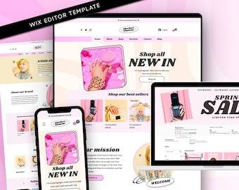 May include: A Wix editor website template featuring a pink and white color scheme with the brand name Sherbert Glamour. The layout includes sections for new arrivals, best sellers, and mission statements, displayed across desktop and mobile screens.