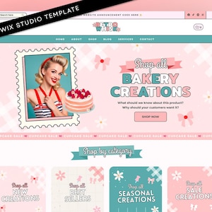 May include: A website template for a bakery named Retro Whisk featuring a light pink background with white gingham patterns, floral accents, and bows. The layout includes a navigation bar, a hero section with a photo of a person and a cake, and category buttons.