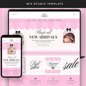 May include: A pink and white website design template for an online shop. The website features a pink and white color scheme with a large banner that says "Shop all New Arrivals". The website also includes a section for best sellers, seasonal sellers, and a sale section. The website is designed to be visually appealing and easy to navigate.