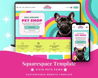 May include: A website template for an online pet shop, featuring a colourful design with a French bulldog and the text "NO1 ONLINE PET SHOP". The template includes features such as 24/7 customer service, international shipping, raving customer reviews, and fast delivery.