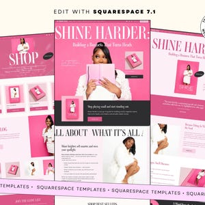 May include: A digital website template design titled SHINE HARDER: Building a Business That Turns Heads. The layout features a vibrant pink color scheme, multiple photographs of a person in white clothing, and various sections for shop items and blog posts.