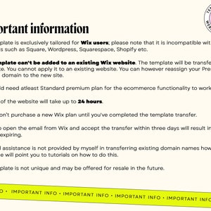 May include: A digital information sheet for Wix website templates featuring a circular logo with the text Template Twist Website Templates. The document outlines requirements for Wix users, including transfer processes, plan needs, and usage terms.