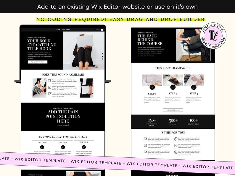 Wix Editor, faceless sales page, sales page template, landing page, luxury template, black website, online course, digital products, coaching website, wix theme, life coach, consultant website, consultancy template