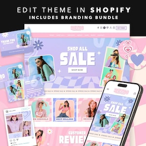 Pode incluir: Um pacote de branding digital para Shopify com um tema de site com padrão xadrez rosa e roxo, gráficos de margaridas e texto incluindo "SHOP ALL SALE" e "RETRO". O conjunto inclui cartões de visita, posts de redes sociais e vista móvel.