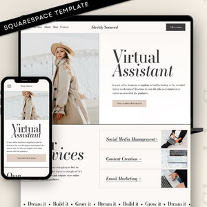 May include: A website template for a virtual assistant business. The website features a light background with a black and white colour scheme. The text on the website reads "Sleekly Sourced" and "Virtual Assistant". The website also includes a call to action button that says "Your call to action".