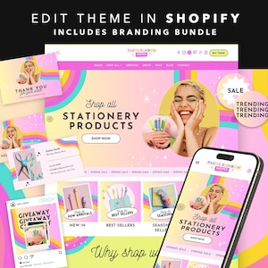 May include: A digital marketing image featuring a website and social media mockups. The theme is stationery products, with a pastel rainbow color scheme. The text includes "Edit Theme in Shopify," "Stationery Products," and "Giveaway."
