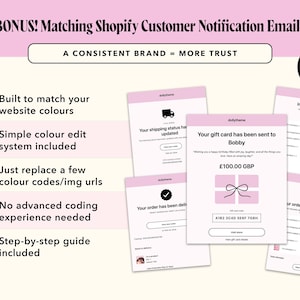 Pode incluir: Um produto digital com 38 modelos de e-mail de notifica&ccedil;&atilde;o para clientes Shopify. A imagem apresenta um design em rosa e branco, uma lista de cinco benef&iacute;cios e quatro exemplos de modelos de e-mail para pedidos e cart&otilde;es-presente.