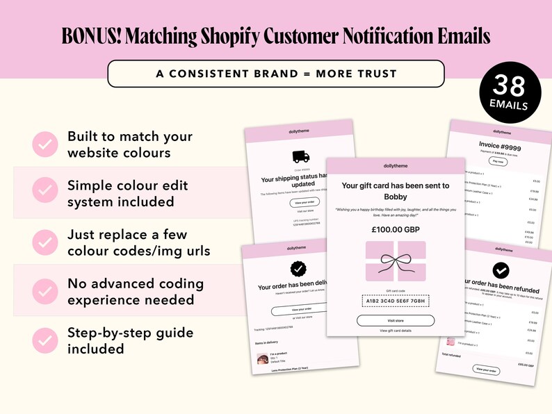 Pode incluir: Um produto digital com 38 modelos de e-mail de notifica&ccedil;&atilde;o para clientes Shopify. A imagem apresenta um design em rosa e branco, uma lista de cinco benef&iacute;cios e quatro exemplos de modelos de e-mail para pedidos e cart&otilde;es-presente.