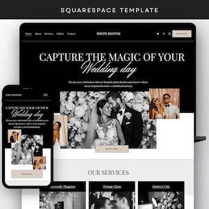 Peut inclure: Présentation d'un site web pour des photomatons, affiché sur un ordinateur portable et un smartphone. Le site web présente un thème noir et blanc avec le texte "CAPTURE THE MAGIC OF YOUR Wedding day". Des images de mariés et d'utilisateurs de photomatons sont incluses.