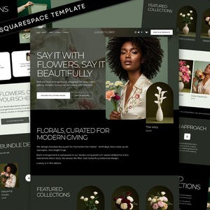 May include: A Squarespace website template for a luxury florist featuring a dark green and black colour scheme. The layout includes text headers like SAY IT WITH FLOWERS, images of floral arrangements, and a photograph of a person holding flowers.