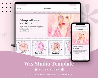 May include: A Wix Studio website template titled BlushBurst displayed on a laptop and smartphone screen. The interface features a light pink color scheme, navigation menu, and sections for new arrivals, best sellers, and seasonal products.