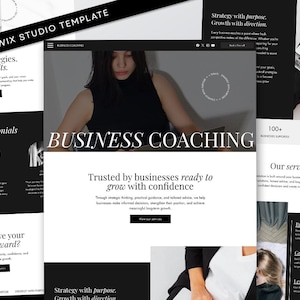 Könnte beinhalten: Eine Wix Studio Website-Vorlage für Business-Coaching in Schwarz-Weiß. Das Layout enthält Abschnitte für Erfahrungsberichte, Dienstleistungen und Strategieplanung mit Textüberschriften wie Business Coaching und Our services.