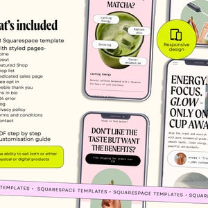 Pu&ograve; includere: Schermate di telefoni cellulari che mostrano contenuti relativi al matcha. I telefoni mostrano informazioni sui benefici del matcha, tra cui energia duratura e pelle radiosa. L'immagine include anche testo sui modelli Squarespace.