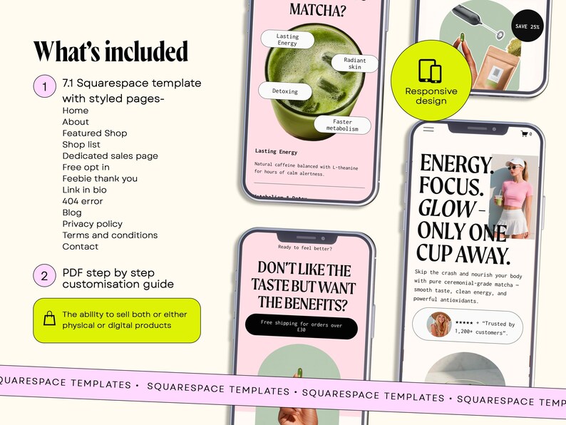 Pu&ograve; includere: Schermate di telefoni cellulari che mostrano contenuti relativi al matcha. I telefoni mostrano informazioni sui benefici del matcha, tra cui energia duratura e pelle radiosa. L'immagine include anche testo sui modelli Squarespace.