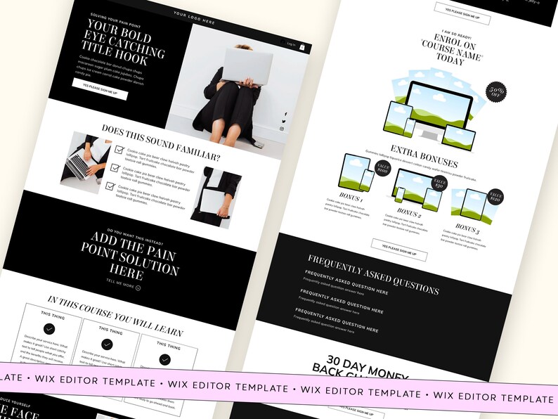 Wix Editor, faceless sales page, sales page template, landing page, luxury template, black website, online course, digital products, coaching website, wix theme, life coach, consultant website, consultancy template