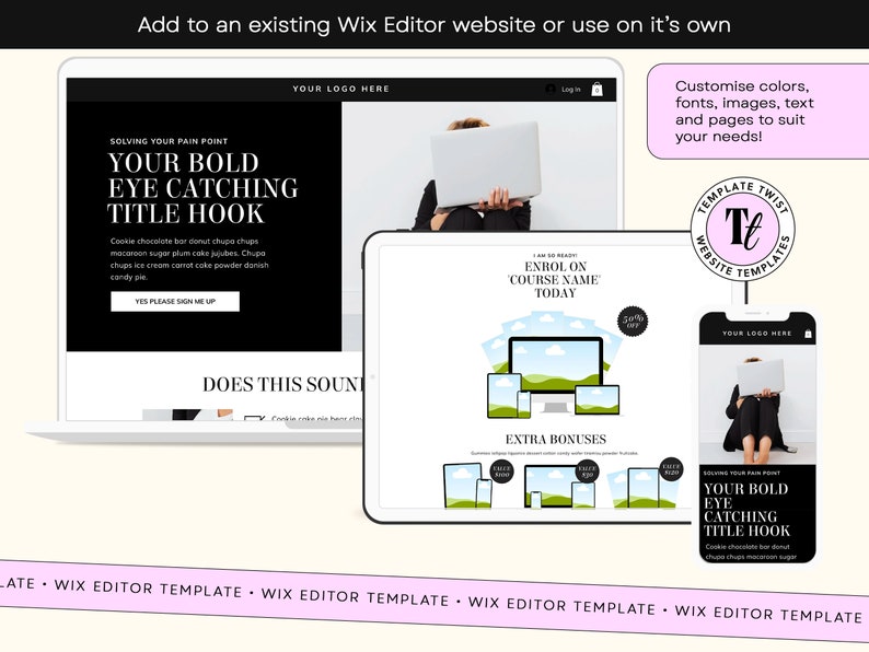 Wix Editor, faceless sales page, sales page template, landing page, luxury template, black website, online course, digital products, coaching website, wix theme, life coach, consultant website, consultancy template