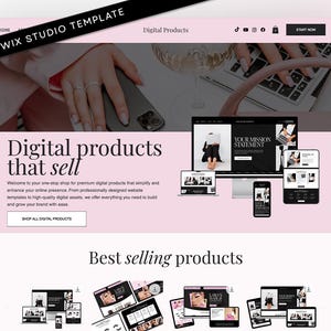 Könnte beinhalten: Ein Website-Design in Rosa und Weiß. Der Text lautet "Digital products that sell" und "Best selling products". Verschiedene digitale Geräte zeigen Website-Vorlagen an. Das obere Banner lautet "WIX STUDIO TEMPLATE."