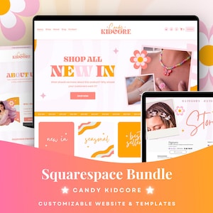 Könnte beinhalten: Ein digitales Squarespace-Website-Vorlagenpaket mit dem Titel Candy Kidcore in einer rosa-orangen Farbpalette mit Blumengrafiken. Das Layout enthält Bereiche für die Shop-Navigation, Neuheiten und Produktkategorien mit Platzhalterbildern.