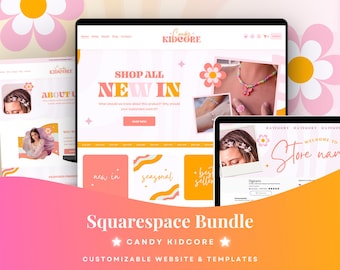 May include: A digital Squarespace website template bundle titled Candy Kidcore featuring a pink and orange color palette with flower graphics. The layout includes sections for shop navigation, new arrivals, and product categories with placeholder imagery.