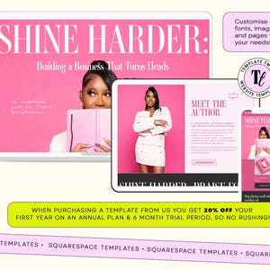 May include: A digital website template display featuring a laptop, tablet, and smartphone showing a pink-themed layout with the text SHINE HARDER: Building a Business That Turns Heads, Meet the Author, and various promotional text boxes.