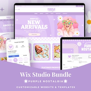 May include: A digital Wix Studio bundle featuring the Purple Nostalgia website template. The design displays a light purple color palette with white daisy graphics, a mobile interface, and a desktop layout showcasing new arrivals and shop sections.