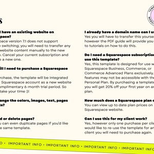 Pu&ograve; includere: Un documento color crema con il titolo "FAQs" in grassetto nero. Il documento contiene domande e risposte sui modelli Squarespace, inclusi nomi di dominio, piani di abbonamento e utilizzo da parte dei clienti. Un logo circolare si trova nell'angolo in alto a destra.