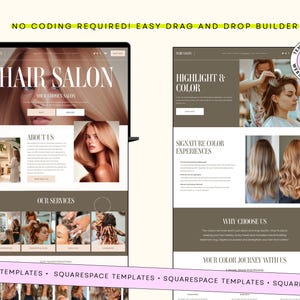 Peut inclure: Un ordinateur portable affiche un mod&egrave;le de site web pour un salon de coiffure. Le site comprend des sections pour les services, &agrave; propos de nous et les points forts de la couleur. Le texte "HAIR SALON" est affich&eacute;. Le mod&egrave;le utilise une palette de couleurs neutres.