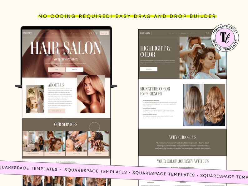 Peut inclure: Un ordinateur portable affiche un mod&egrave;le de site web pour un salon de coiffure. Le site comprend des sections pour les services, &agrave; propos de nous et les points forts de la couleur. Le texte "HAIR SALON" est affich&eacute;. Le mod&egrave;le utilise une palette de couleurs neutres.