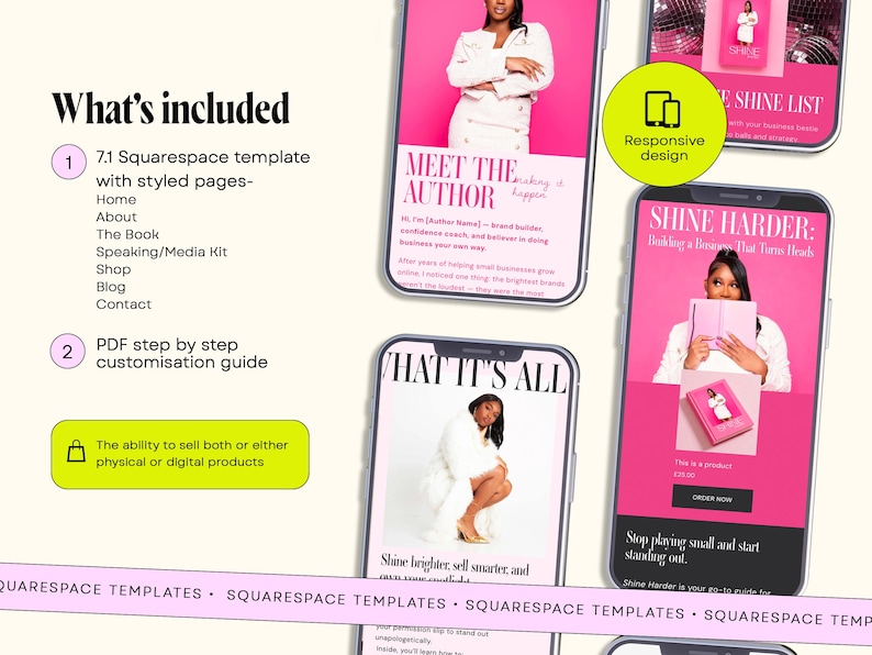 May include: A Squarespace website template kit featuring a pink and white color scheme. The display shows mobile screens with text including Meet the Author, Shine Harder, and What It's All. Includes a list of pages and a customization guide.