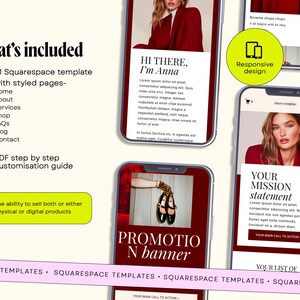 May include: A Squarespace website template kit featuring mobile screen previews with a maroon and white color scheme. The text includes 'What's included', 'HI THERE, I'm Anna', 'YOUR MISSION statement', and 'PROMOTION banner'. A bright green circle highlights 'Responsive design'.