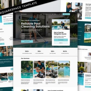 以下が含まれることがあります： Reliable Pool Cleaning Solutionsというテキストが記載されたヒーローセクション、サービスカテゴリ、顧客レビュー統計、無料見積もり用の問い合わせフォームを備えた、プール清掃サービス向けのSquarespaceウェブサイトテンプレート。