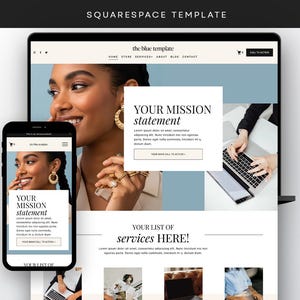 May include: A Squarespace template displayed on a laptop and smartphone screen. The website design features a blue and white colour scheme, a header with navigation links, a mission statement section, and a list of services with placeholder text.