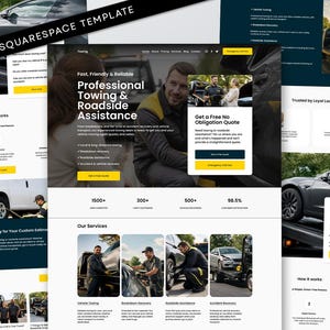 以下が含まれることがあります： レッカー移動およびロードサービス向けのSquarespaceウェブサイトテンプレート。ダークブルーとイエローのアクセントカラーを使用し、サービス紹介、FAQ、お客様の声のセクション、レッカー車やスタッフの画像で構成されたレイアウト。