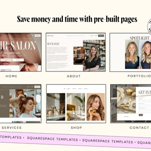 Peut inclure: Visuel de mod&egrave;les de sites web pour un salon de coiffure, avec le texte "Save money and time with pre-built pages". La conception comprend des exemples de pages web pour Accueil, &Agrave; propos, Portfolio, Services, Boutique et Contact.