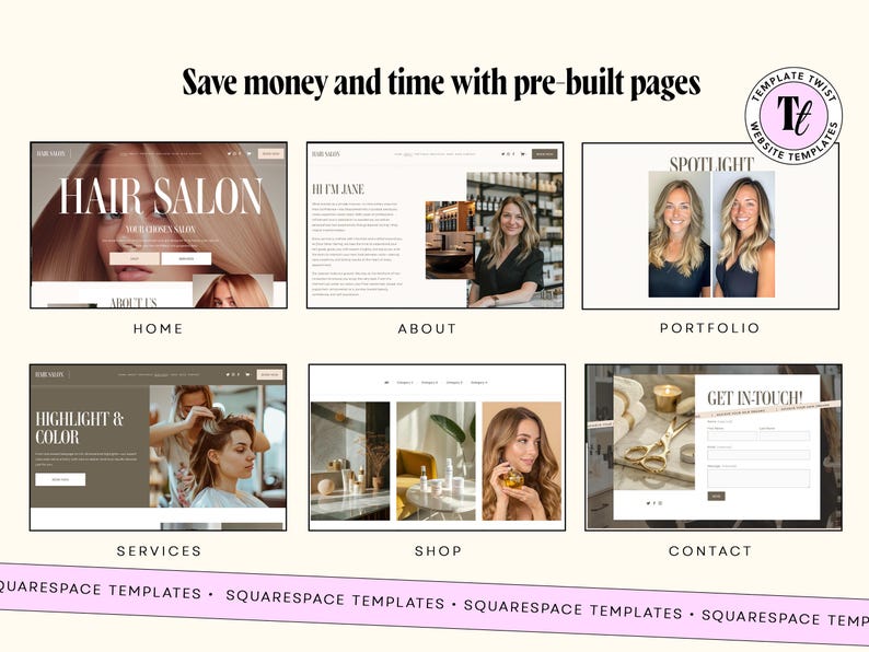 Peut inclure: Visuel de mod&egrave;les de sites web pour un salon de coiffure, avec le texte "Save money and time with pre-built pages". La conception comprend des exemples de pages web pour Accueil, &Agrave; propos, Portfolio, Services, Boutique et Contact.