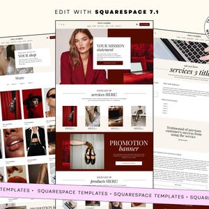 May include: A digital website template layout for Squarespace 7.1 featuring a color palette of deep red, cream, and black. The design includes sections for a mission statement, service titles, product grids, and promotional banners with placeholder text.