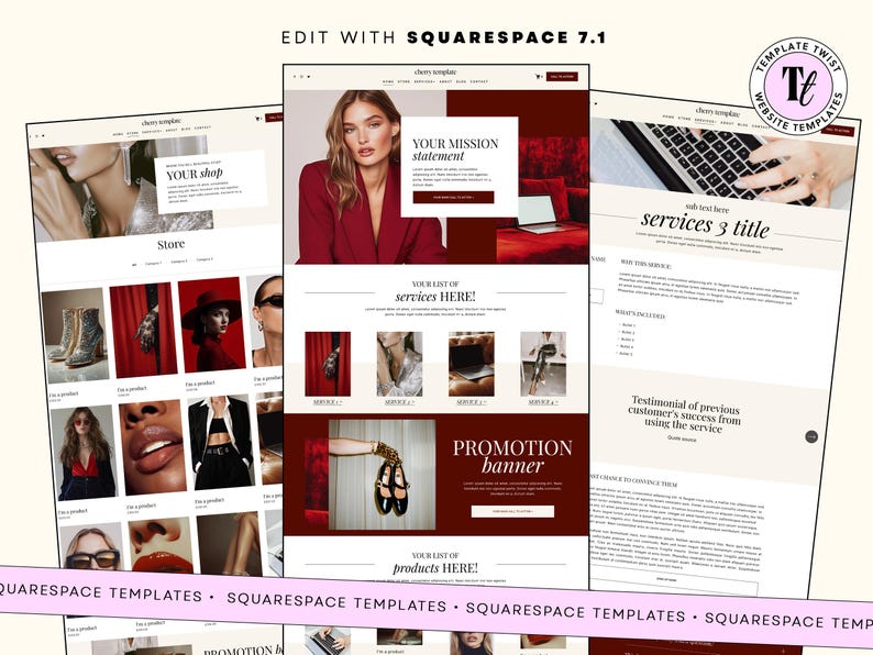 May include: A digital website template layout for Squarespace 7.1 featuring a color palette of deep red, cream, and black. The design includes sections for a mission statement, service titles, product grids, and promotional banners with placeholder text.