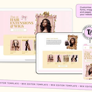 May include: A digital mockup of a website for hair extensions and wigs, displayed on a laptop, tablet, and smartphone. The website features a pink and gold color scheme with images of hair products and the text "Shop all HAIR EXTENSIONS & WIGS".