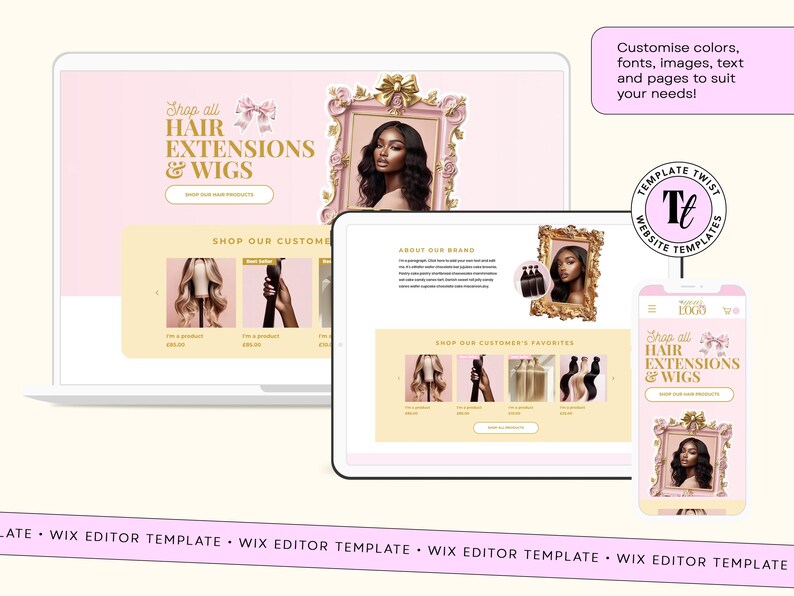 May include: A digital mockup of a website for hair extensions and wigs, displayed on a laptop, tablet, and smartphone. The website features a pink and gold color scheme with images of hair products and the text "Shop all HAIR EXTENSIONS & WIGS".