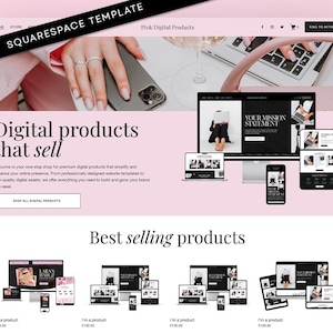 Könnte beinhalten: Eine Squarespace-Website-Vorlage in hellrosa Farbgebung. Das Layout zeigt digitale Produkt-Mockups auf Desktop-, Tablet- und Mobilbildschirmen mit den Textüberschriften Digital products that sell und Best selling products.