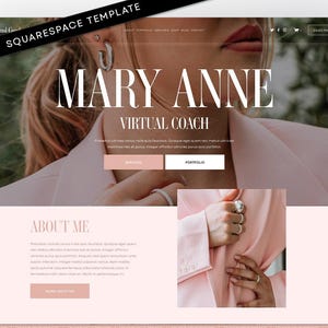 以下が含まれることがあります： ライトピンクの配色を特徴とするSquarespaceのウェブサイトテンプレート。レイアウトには「Mary Anne Virtual Coach」というテキスト、ナビゲーションメニュー、「Services」および「Portfolio」とラベル付けされたボタン、プレースホルダーテキストを含む「About Me」セクションが含まれています。