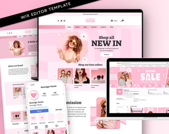 May include: A Wix editor website template featuring a pink color scheme with the brand name Nostalgic Petals. The layout includes sections for new arrivals, best sellers, and social media integration, displayed on a laptop and a mobile phone screen.