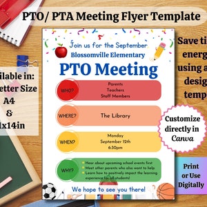 PTO PTA Meeting Flyer Template, Editable PTA Flyer Template, Instant Digital Download, Printable Canva Template, Editable Template