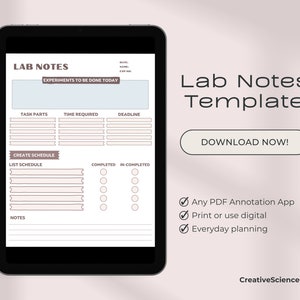 May include: A printable lab notes template with sections for task parts, time required, deadline, list schedule, completed, in-completed, and notes. The template is designed for everyday planning and can be used with any PDF annotation app or digitally.