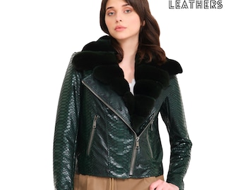 Green Python Leather Jacket with Detachable Fur Lining, Genuine Python Leather Women's Jacket, Snakeskin Jacket, Classic Jacket