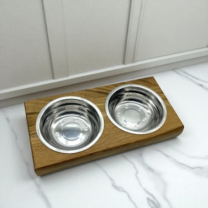 Wooden dog bowl stand – double stainless steel bowls for food and water | Modern pet feeder | Pet bowl set