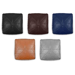May include: Five square leather poufs in black, brown, navy blue, tan, and grey. Each pouf features a geometric starburst design created by stitched seams. The poufs are a decorative and functional seating option.